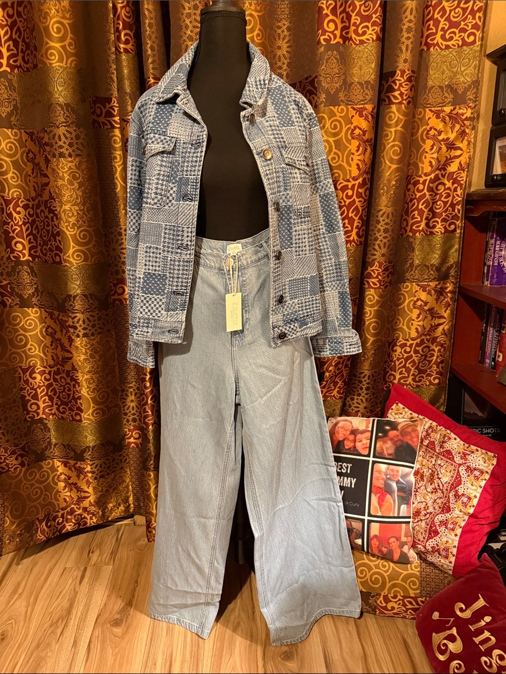 Z supply Denim Wide-Leg Pants in Light Blue with Lovestich One of a kind Jacket